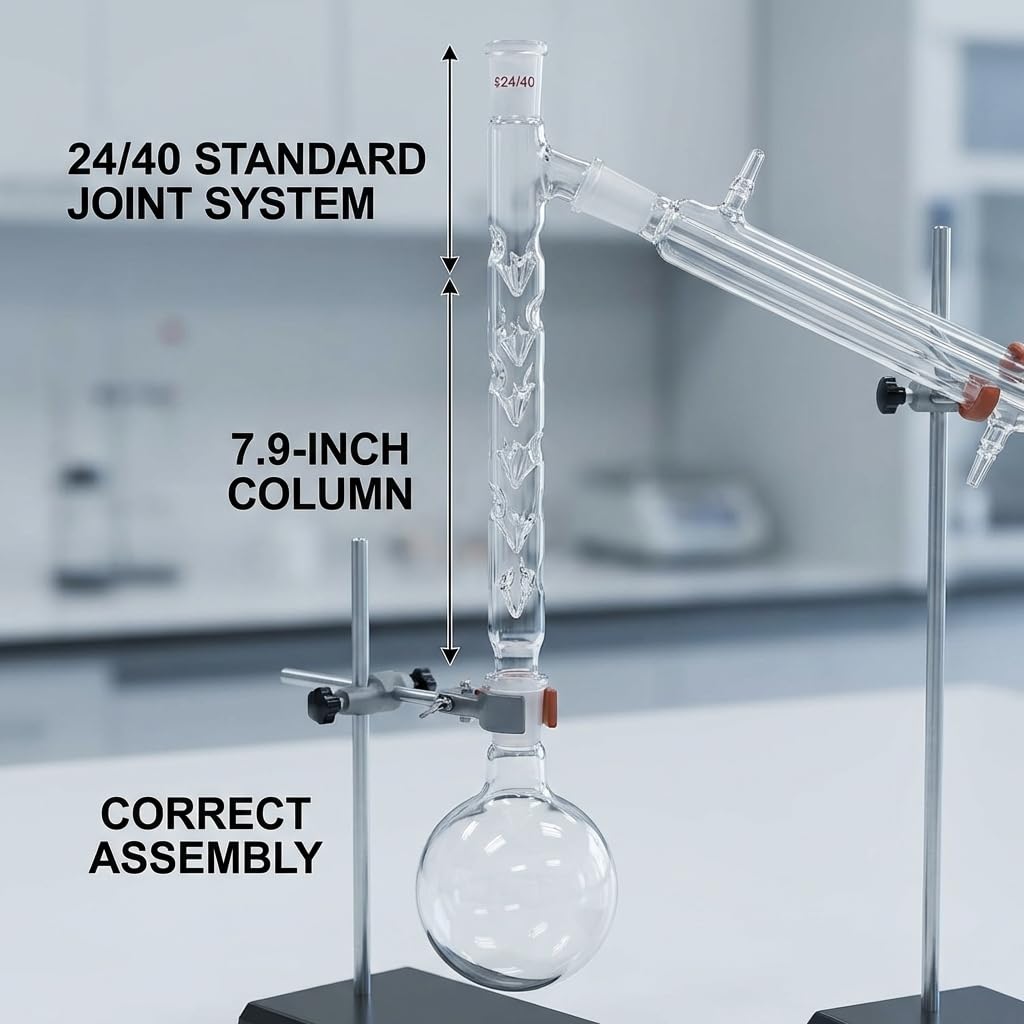 QWORK Fraccionador de vidrio Vigreux columna de destilación con 24/40 montaje 7-7/8" largo con condensador de sangría de laboratorio para equipos de destilación en química orgánica