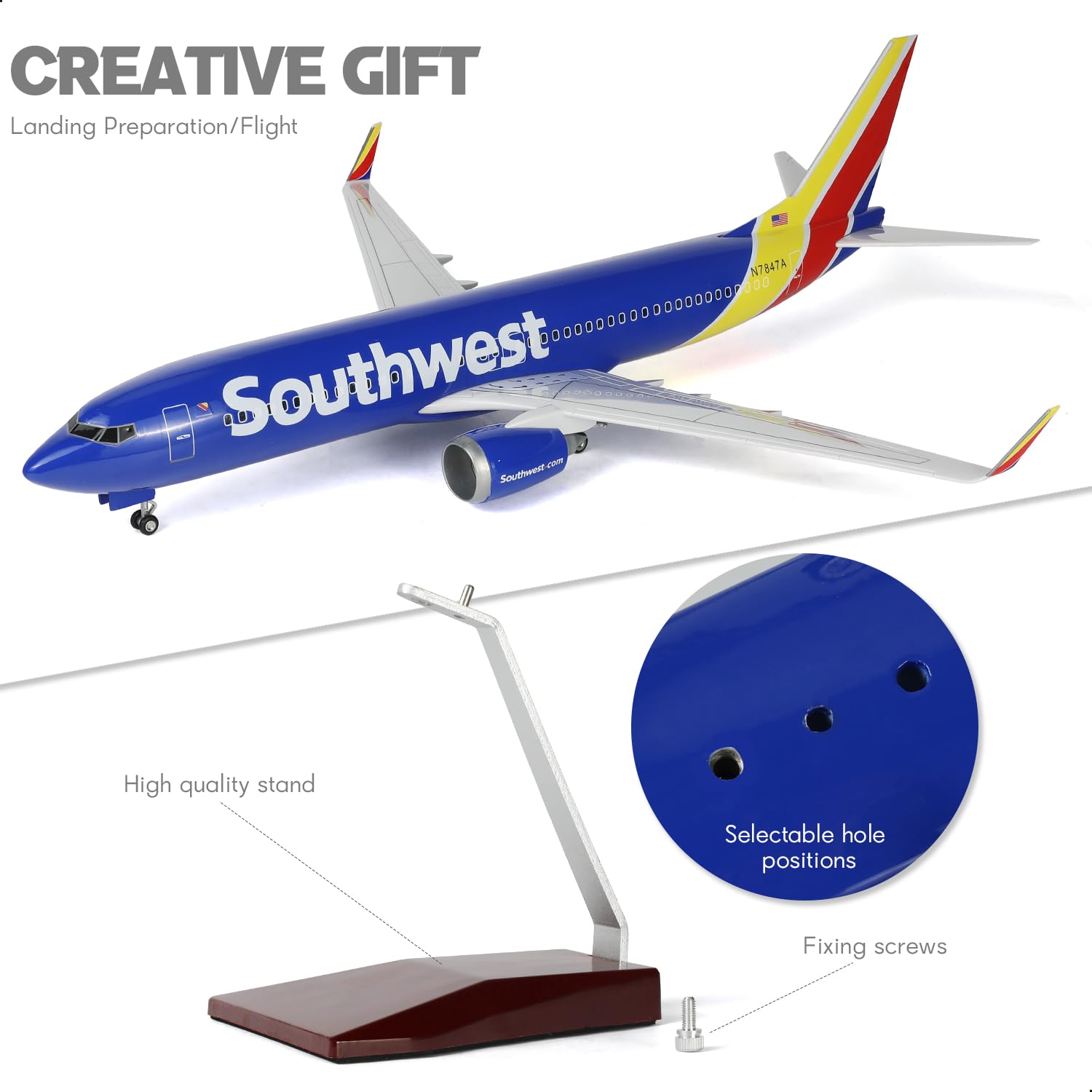 1/85 Southwests 737 model samolotu ze stojakiem (długość 43 cm) do Boeinga 787, model samolotu z żywicy, dla dorosłych, pamiątka lotnicza, prezent lotniczy, dekoracja do domu lub biura