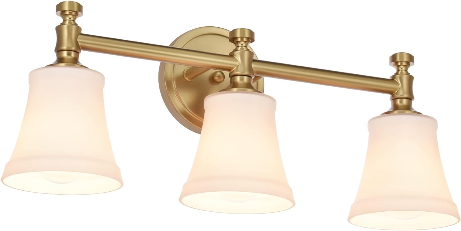 Bathroom Vanity Light Fixtures, Traditional Aged Brass 3 Lights Wall Sconce Lighting with Opal Glass Shade, Porch Wall Mount Light Fixture for Bathroom, Mirror Cabinets Hallway Stairs Aged Brass 3-Light