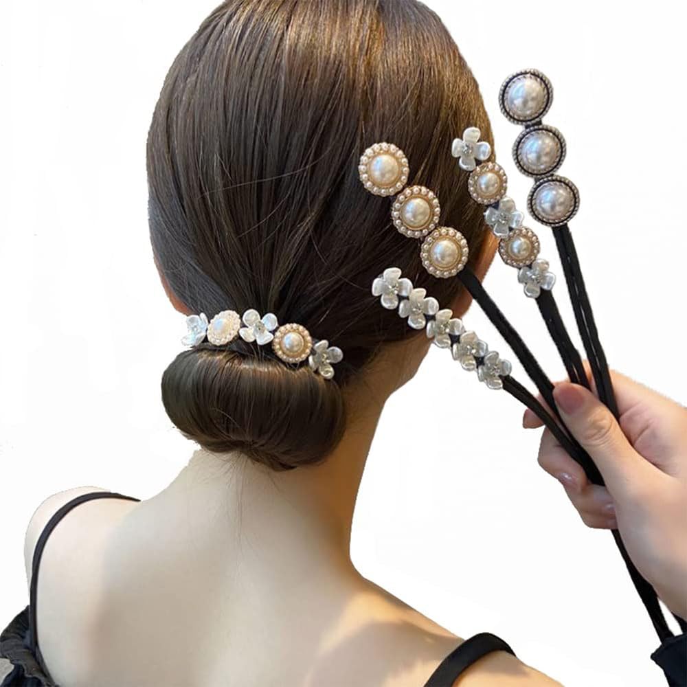 JZS Hair Bun Maker, 4 Pcs Flowers Deft Bun Maker Magic Donut Hair Bun Maker French Hairstyle Twist Bun Hair Accessories for Girls Hair(Pearl)