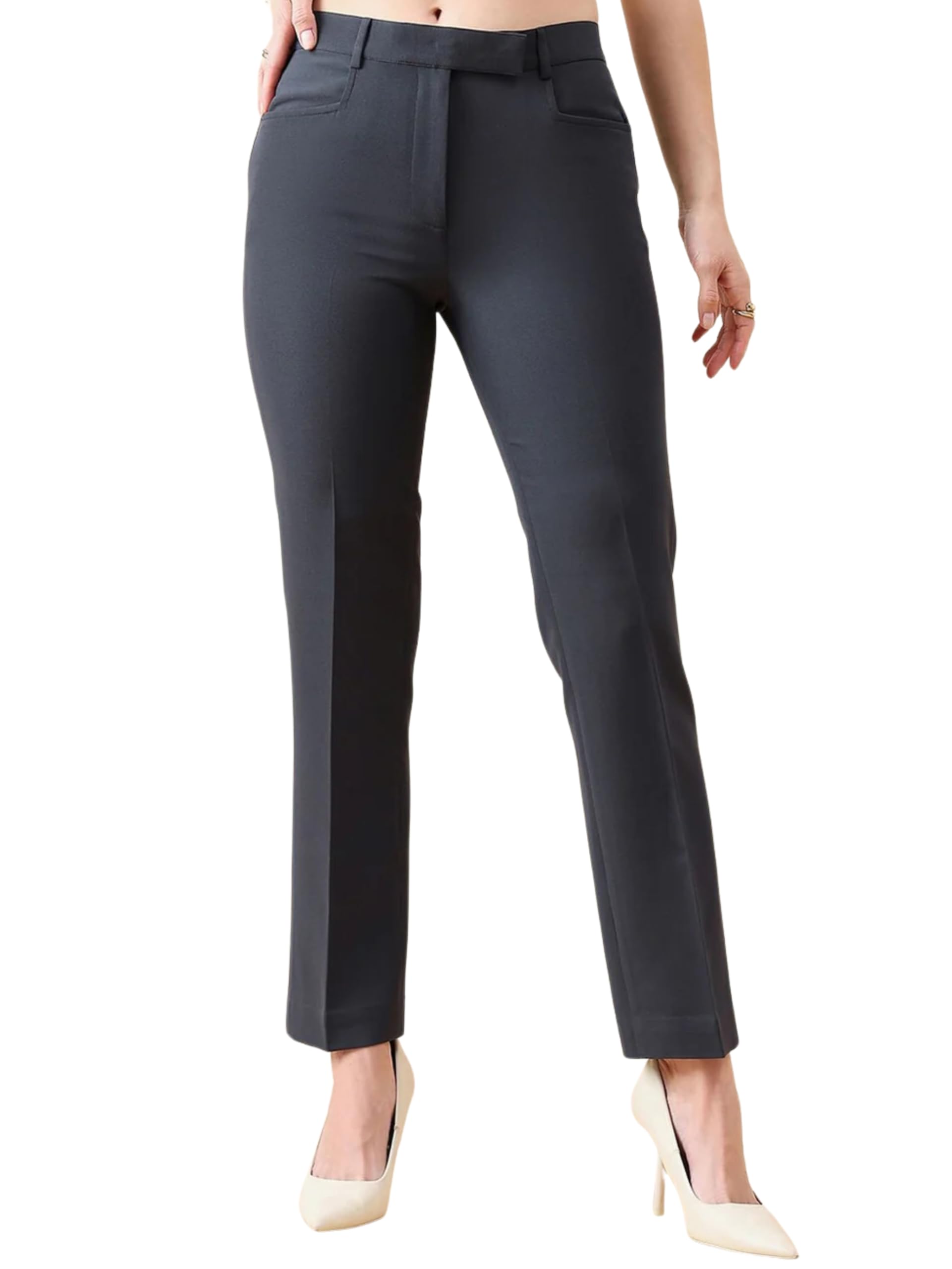 Campus Sutra Mid Waist Comfort Fit Pants for Women | Work Casual Office Wear Trousers | Stretchable FabricFabric | Dark Grey in grey