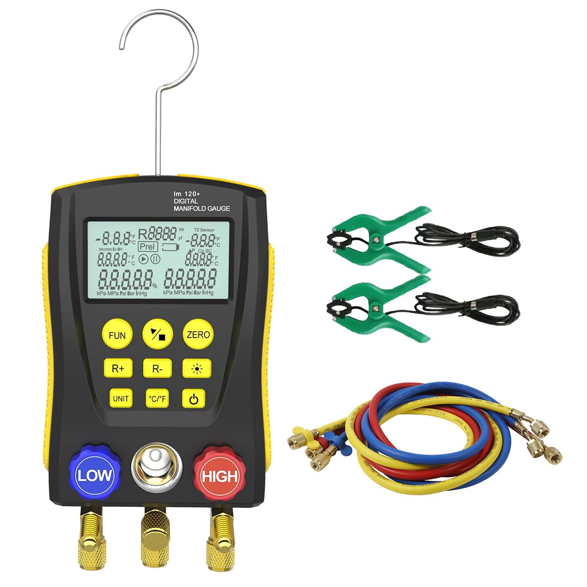Manómetros Aire Acondicionado Digitales, Kit de Manómetro HVAC para 93 Refrigerantes (R32/R410a/R22/R1234YF), con 2 Abrazaderas de Temperatura para Pruebas de Clima y Frigoríficos