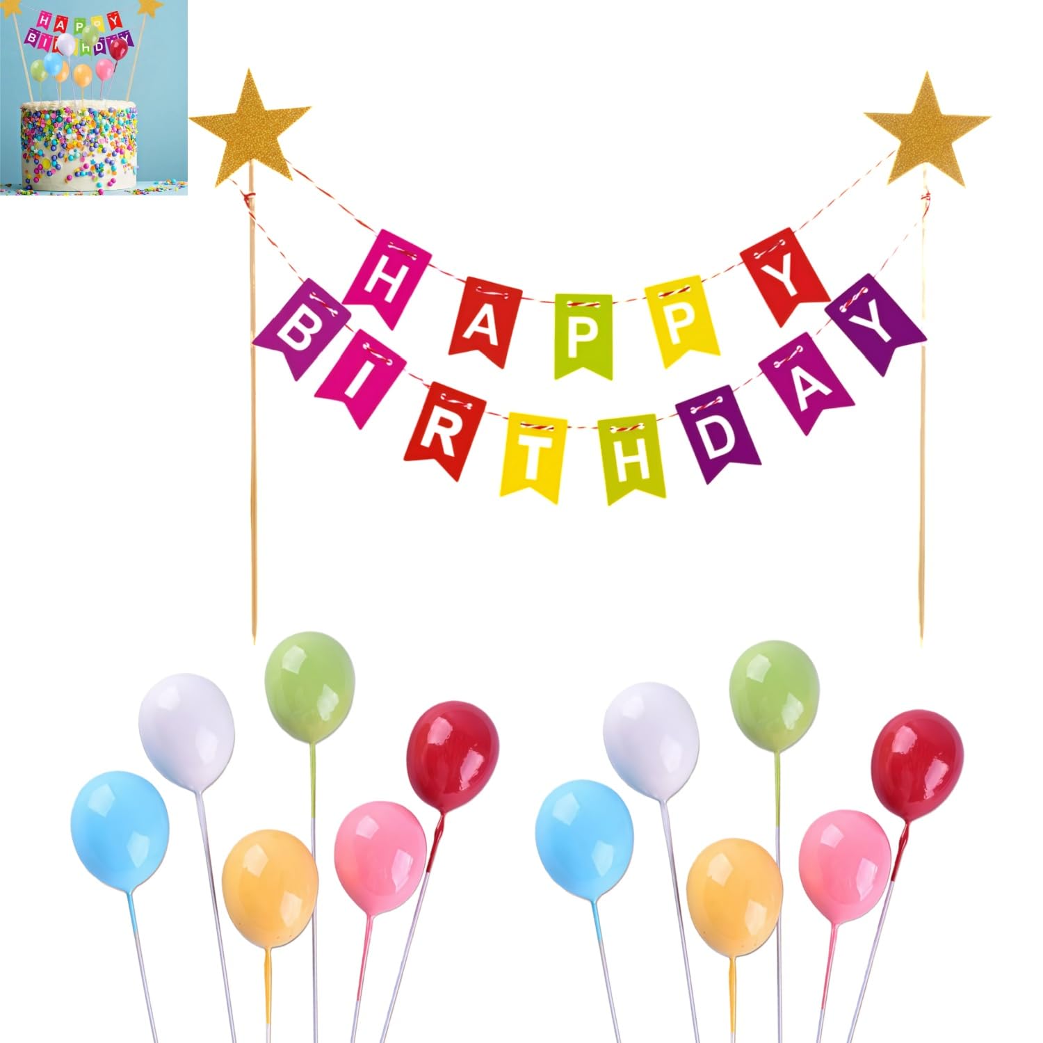 Zpeiran Rainbow Cake Decorations,1pcs Happy Birthday Cake Topper Bunting with 12pcs Mini Colorful Balloon Cupcake Toppers for Theme Birthday Party Decoration for Kids Girls Boys