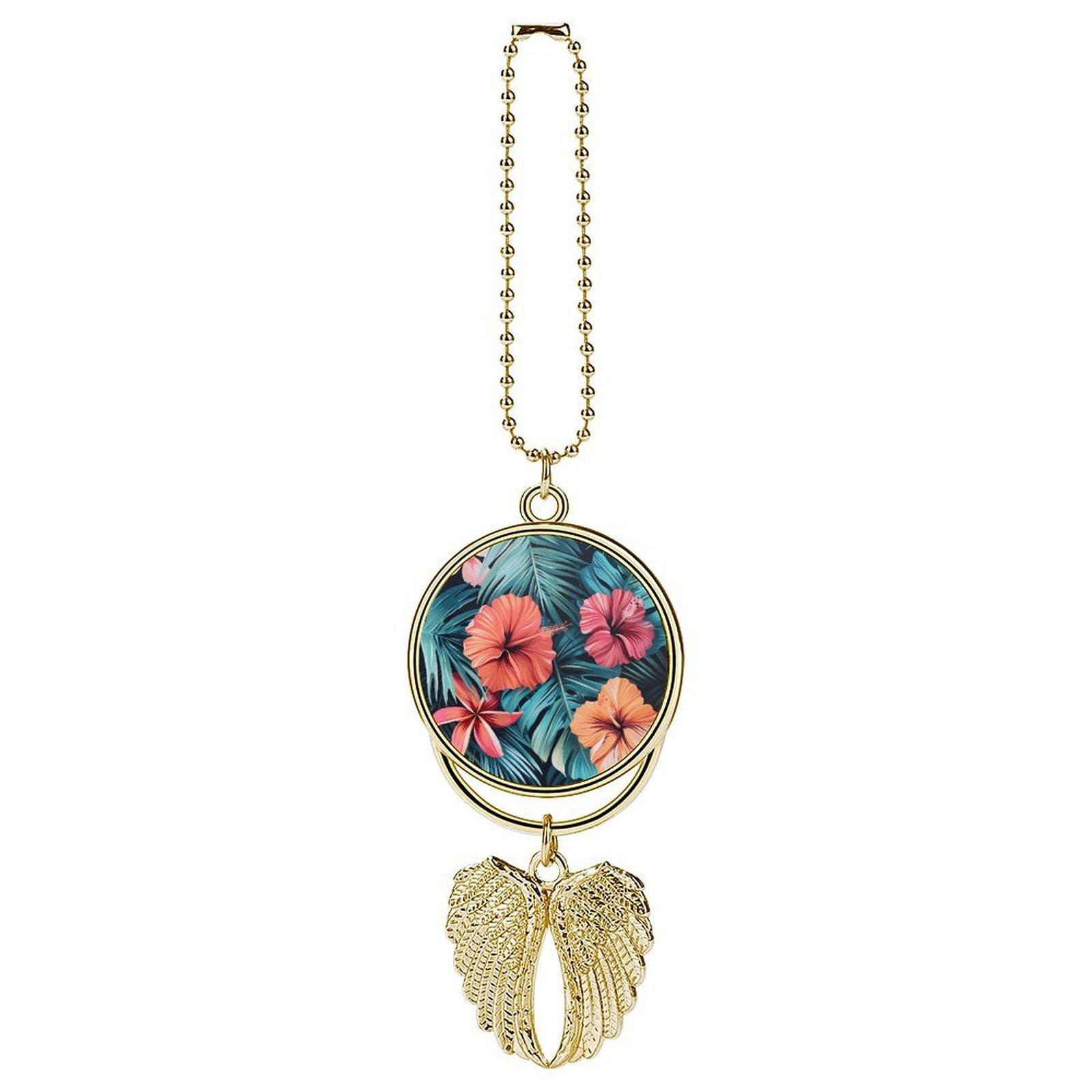 Tropical Summer Hawaiian Flower Palm Leaves Car Pendant Car Rearview Mirror Pendant Custom Photo Car Hanging Ornament Car Rear View Mirror Hanging Accessories Angel Wing Car Charm Gift for Men Women