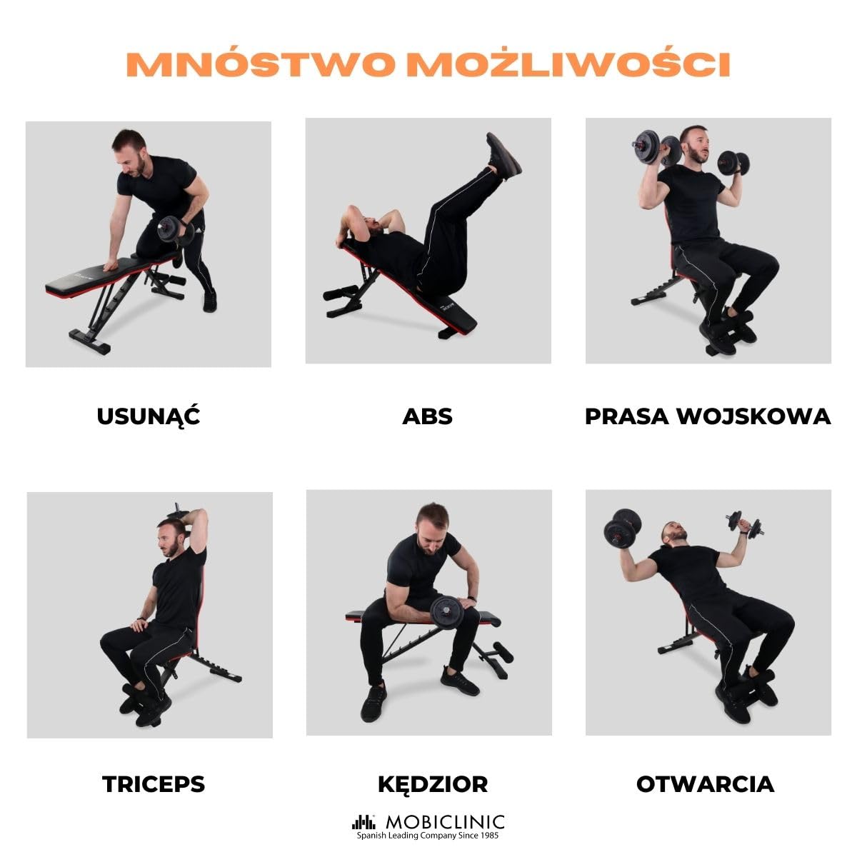 Mobiclinic® fitness, Ławka treningowa, Składana, Udźwig 200 kg, Regulowane siedzisko i oparcie, Flexfit, Wielofunkcyjna, Trening całego ciał, Mocna stabilna, Domowa łownia