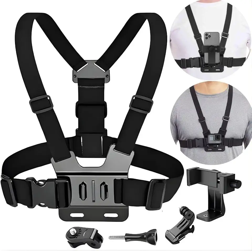 Suporte Peitoral Ajustável para Celular e GoPro, Colete com Ajuste de Ângulo 360°, Compatível com Smartphones e Câmeras de Ação, Colete para Filmagens POV, Preto