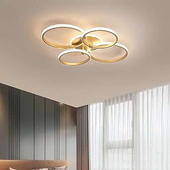 Modern Ceiling Lamp, Gold Dimmable Remote Ceiling Light Fixture 4 Ring Flush Mount Acrylic Ceiling Chandelier for Living Room Bedroom Kitchen