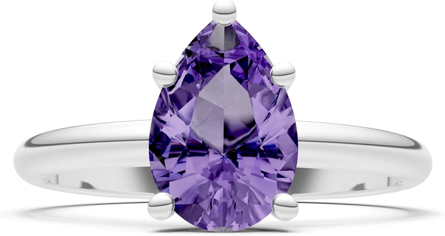 PEORA Pear Shape Cut Amethyst Solitaire Band Available in Solid 10K, 14K or 18K Ring – White, Yellow or Rose Gold
