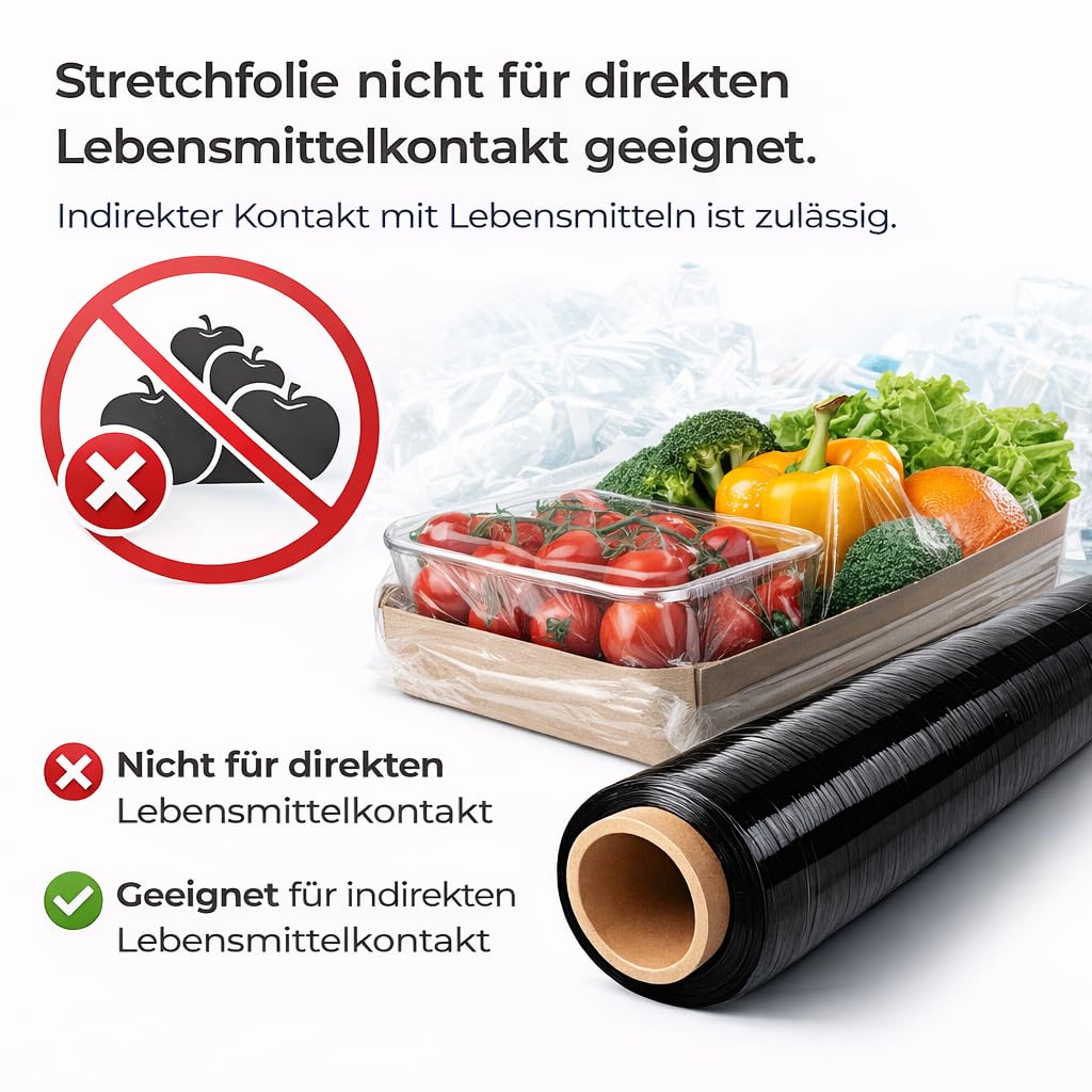 Stretchfolie 1,5kg - 6 Rollen - 170 m x 50 cm - 23 my - Schwarz – Extra Stark & Reißfest – Palettenfolie Wickelfolie für Umzug - Lager & Verpackung - Strechfolienrolle