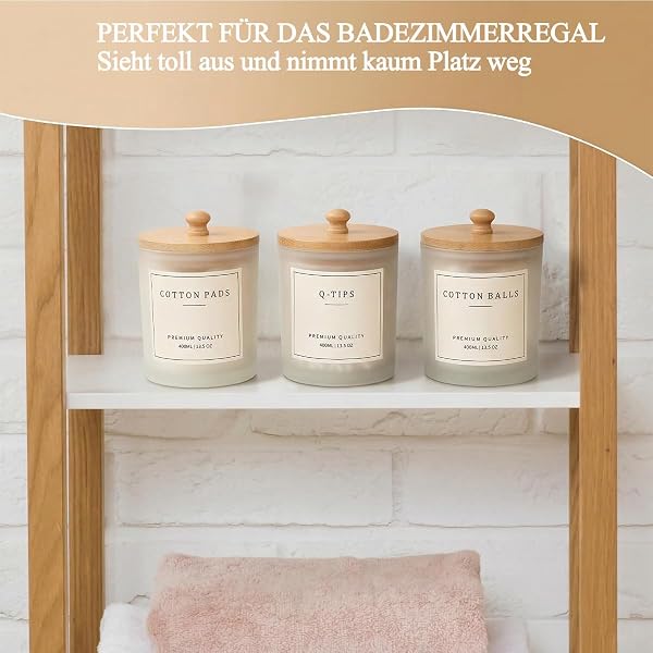 Glas Wattestäbchen Behälter mit Bambus Tablett, 400ml Badezimmer Organizer Set für Wattepads, Zahnseide Sticks, Haargummis & Schminktisch Aufbewahrung, Wattepadspender mit 28 Etiketten (MattWeiß-3er) - 5