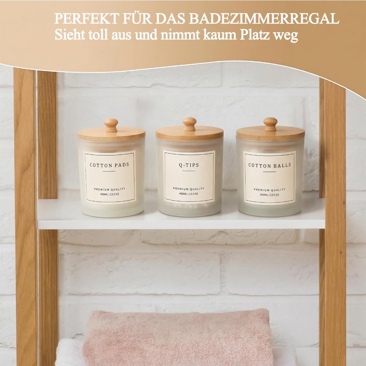 Glas Wattestäbchen Behälter mit Bambus Tablett, 400ml Badezimmer Organizer Set für Wattepads, Zahnseide Sticks, Haargummis & Schminktisch Aufbewahrung, Wattepadspender mit 28 Etiketten (MattWeiß-3er) - 5