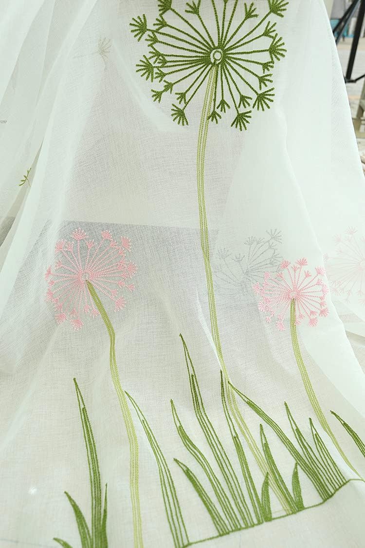 Romantic Style Voile Semi Sheer Curtains Home Decoration Dandelion Embroidery Rod Pocket for Living Kids Nursery Room Bedroom(1 Panel, W 100 x L 95 inch, Green)