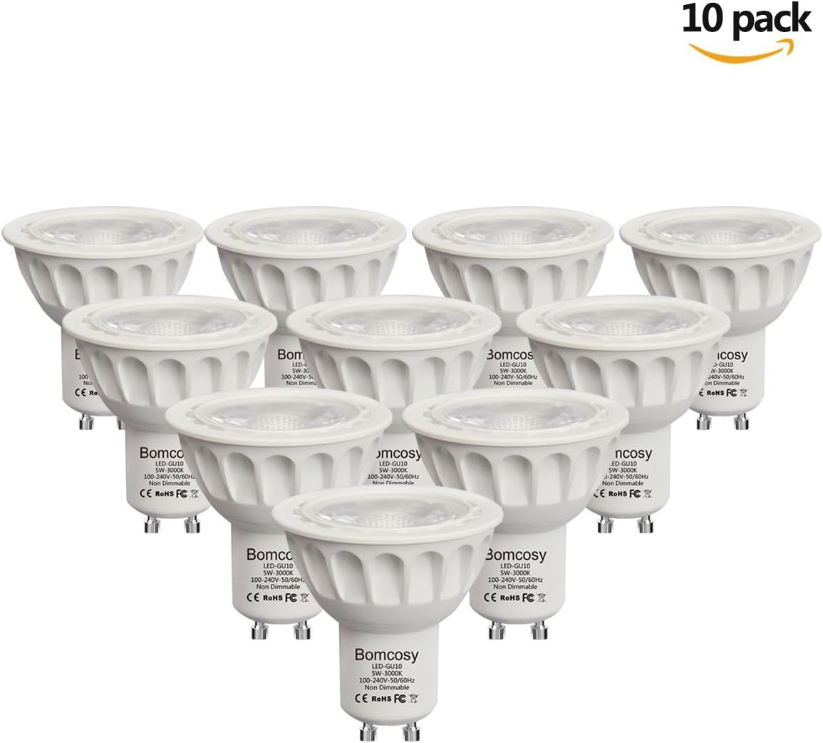 Bomcosy 10 Pack 5W GU10 LED Spotlight Bulbs, 3000K Warm White, Equivalent to 50W Halogen Bulbs, 100-240 V, 450 Lumens, CRI>80, 35 Degree Focus Beam Angle, Non Dimmable [Energy Class A+]