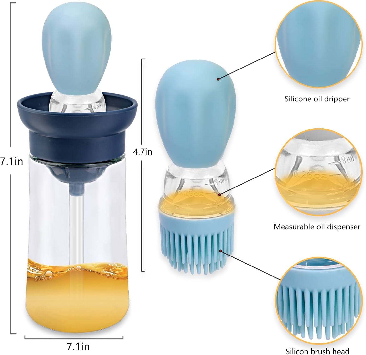 Distributeur d'huile en silicone avec pinceau et compte-gouttes – Précision parfaite pour mesurer et appliquer l'huile (Bleu) - Image secondaire