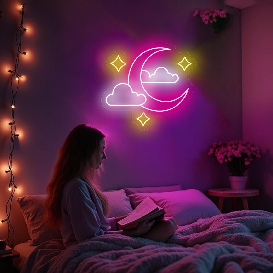 Moon Cloud Star Neon Sign Pink Led Neon signs for Wall Decor Moon Cloud Star LED Neon Light Up Sign For Kids, Teens, Baby Bedroom, Game Room Party Shop Wall Decoration Dimmeable Neon Night Light（14in*13in） - Image 3