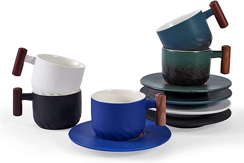 Miniatura 5 de Taza de café expreso de cerámica de 6 oz y platillo de porcelana con mango de madera Taza de capuchino Taza Demitasse (Negro)
