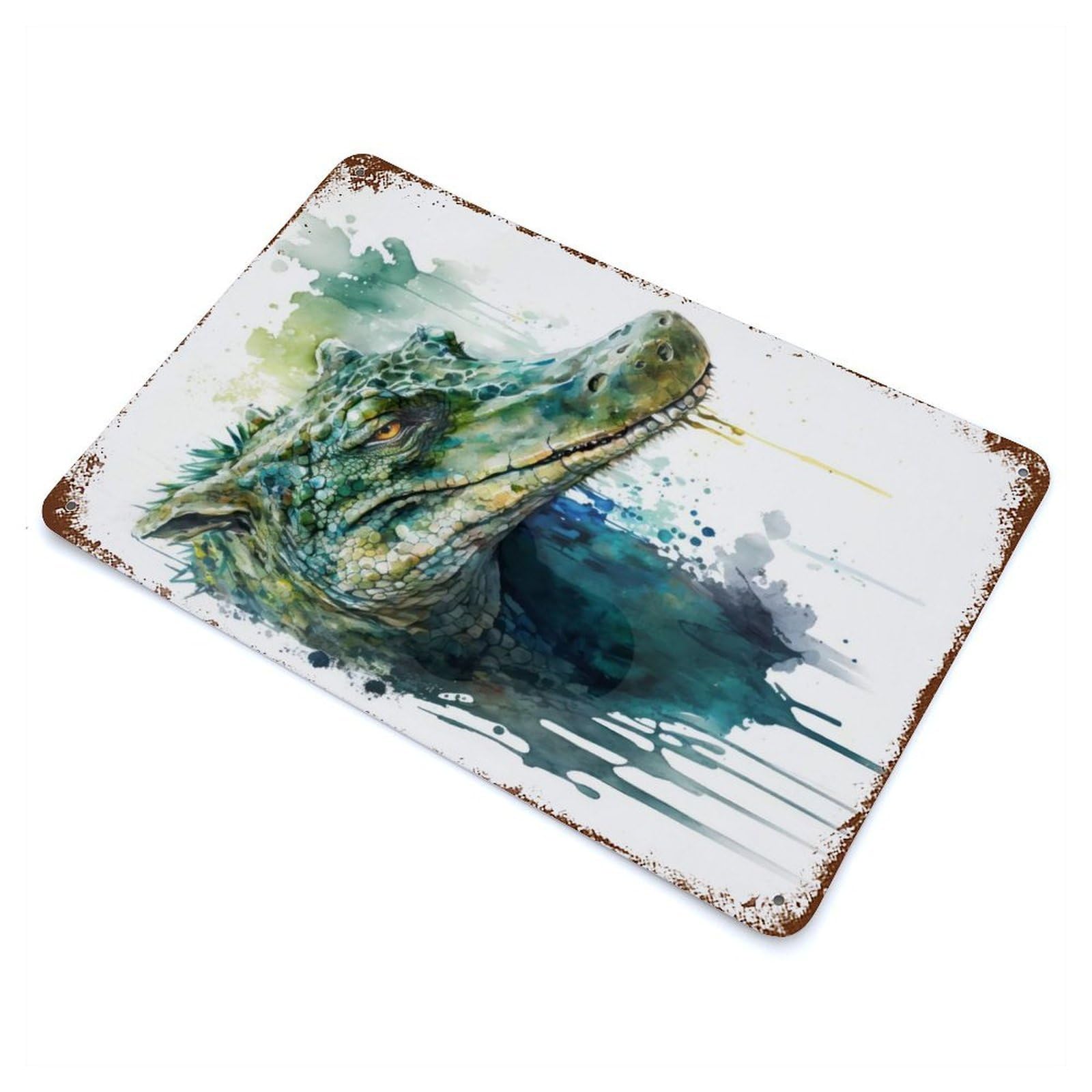 Crocodile Watercolor 11.8"x7.9" Aged Metal Wall Plaque, Retro Wall Decor for Farmhouse, Kitchen And Entryway Decor