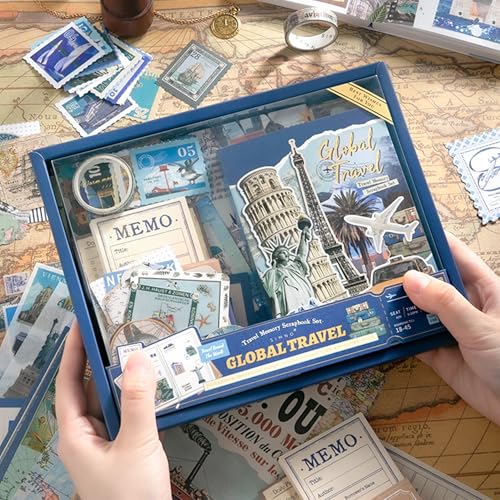 Image of The AutoStory World Trip Scrapbook Kit A6 Junk Journal Map Stickers Tourist Decorative Papers Washi Tape DIY Craft Art Keepsake Vacation Memory Book Decor Present Men (Global Travel, Blue)