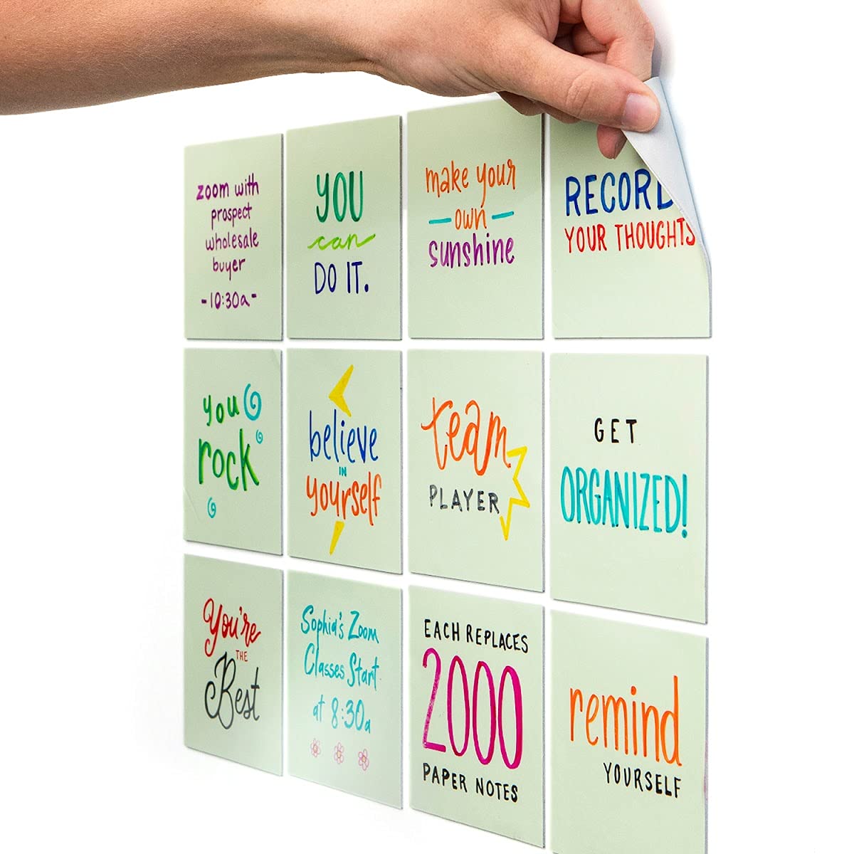 M.C. Squares Stickies Green Reusable Sticky Notes | 4x4 12-Pack 2-Year Re-Stickable Mini Whiteboards with Smudge-Free Tackie Marker | Made in The USA