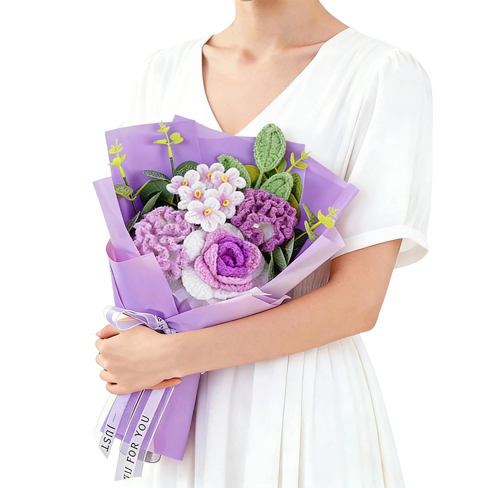 Emivery Handmade Crochet Flower Bouquet - Mixed Tulips & Sunflowers for Mother's Day, Birthday and Home Decor (Purple) — image 1