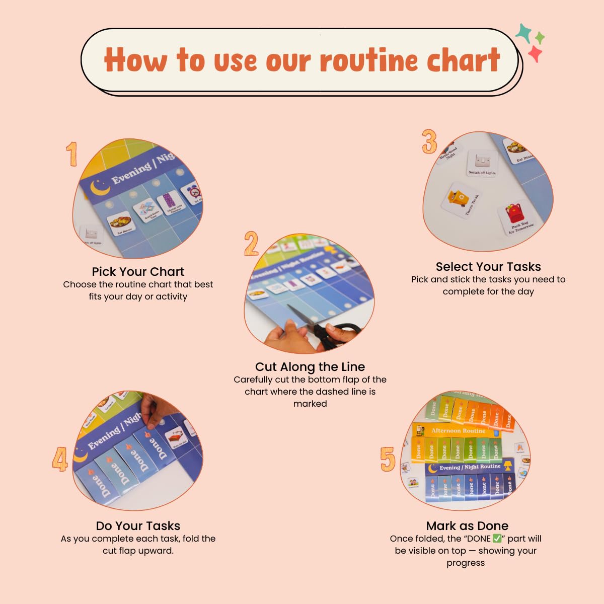 Little Minds at Work Daily Routine Chart for Kids Set of 3 | Morning, Afternoon & Night Routines | 50+ Visual Task Stickers with Velcro | Ages 3-8 | Reusable Done Flaps | Daily Responsibility Chart 4