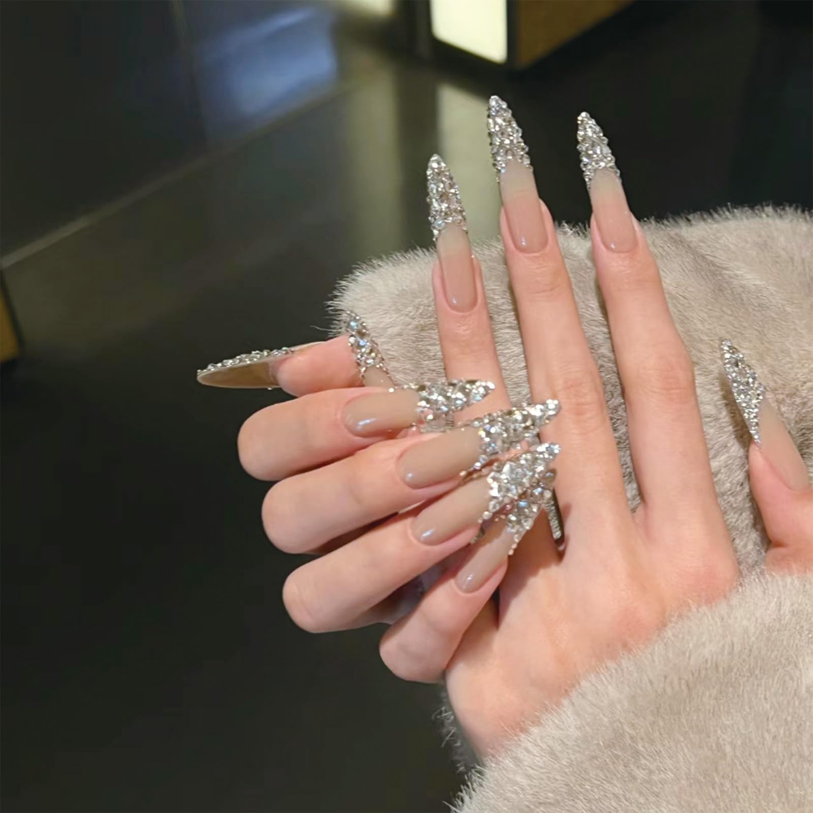 SINHOT Stiletto Press On Nails - Rhinestone Acrylic Long False Nails Glossy Almond Nude Ombre Artificial Stick On 24pcs with French Tip Design