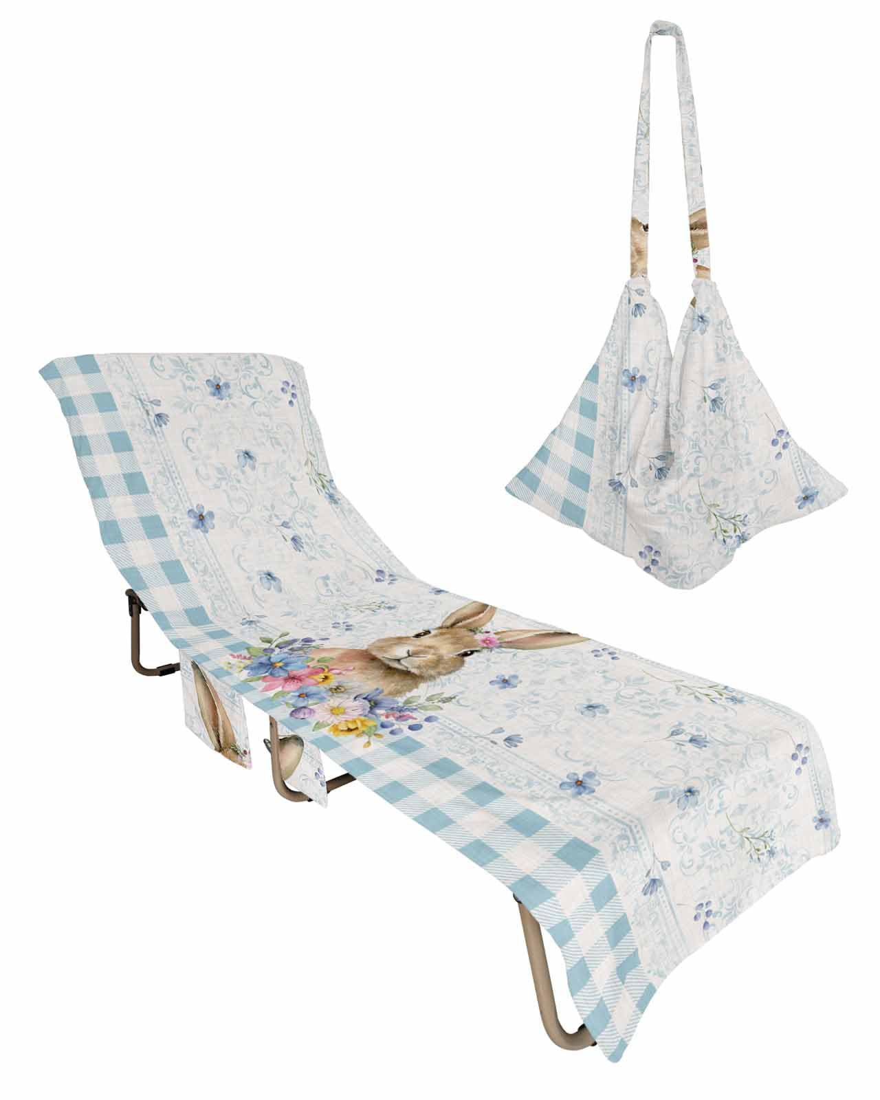 Blue Bunny Easter Beach Lounge Chair Towel Cover, Soft Chaise Lounge Towel with Side Pockets Patio Pool Chairs Cover for Beach/Pool Sunbathing 29x85 Spring Floral Elegant Botanical Plaid