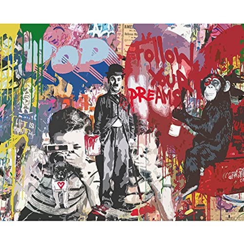 Image of Tucocoo Banksy Camera Boy Oil Painting - Monkey Street Graffiti 16 x 20 Inch Canvas DIY for Students Adults Beginner With Brushes and Acrylic Pigment (Without Frame)