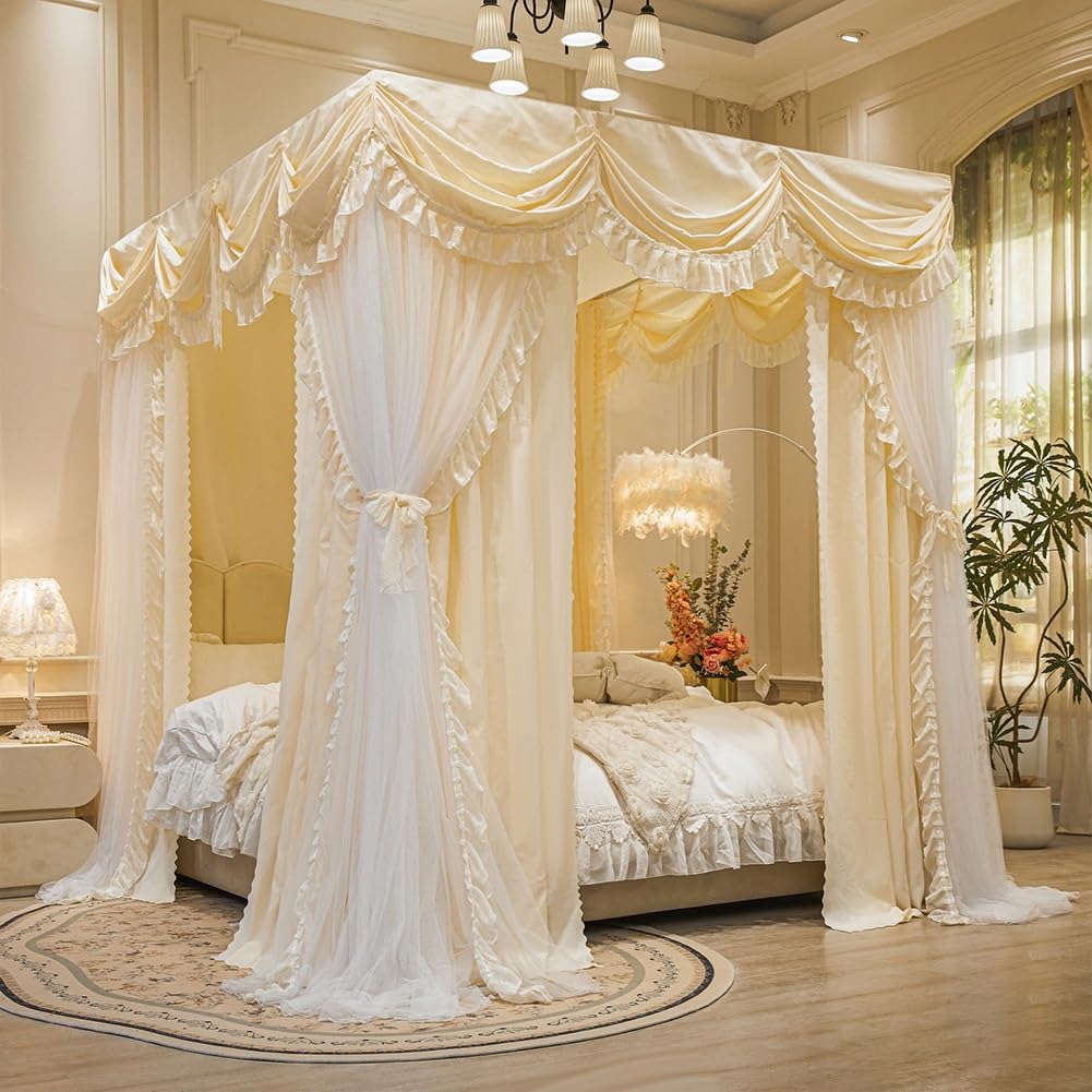 GUOIOOI Romantic Pink Lace Princess Bed Canopy with Double Layer Curtains, Elegant Ruffled Drapes for Four Poster Queen Size Beds, Cozy & Dreamy Bedroom Decor(Yellow,FULL/1.5x2M)