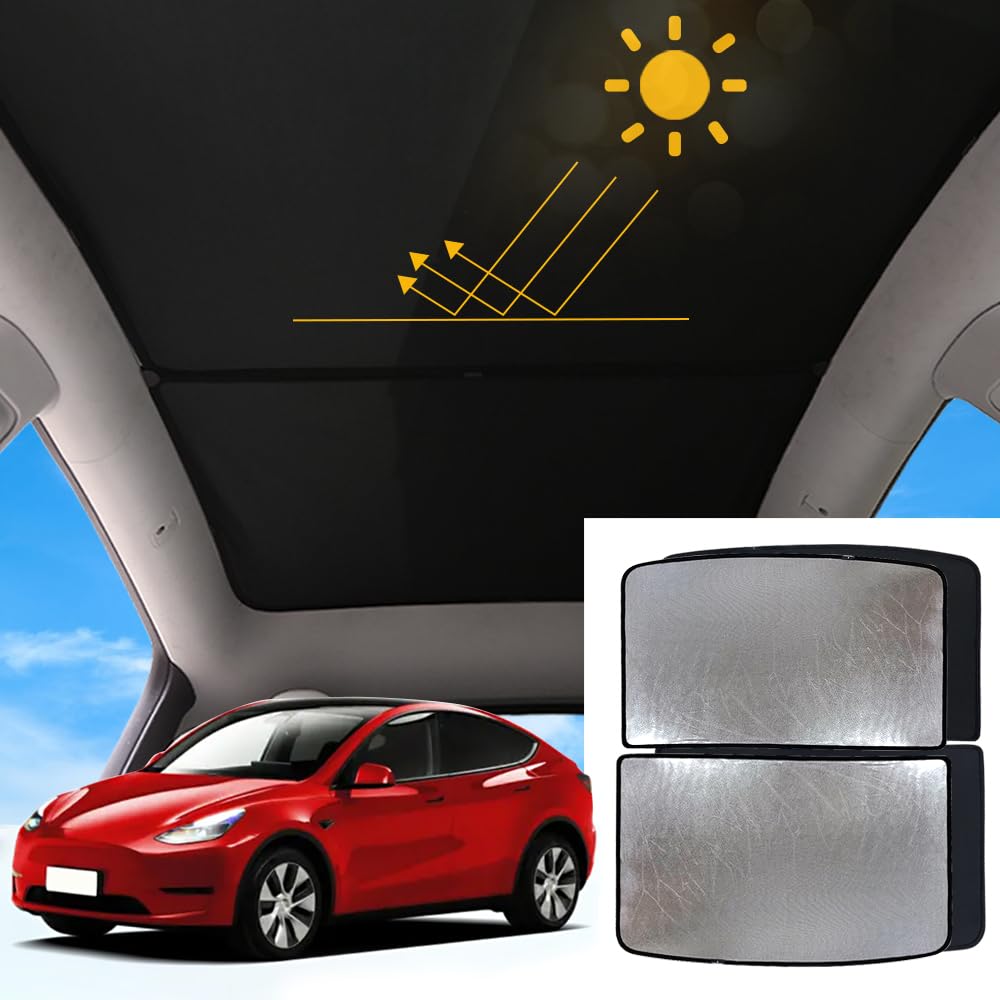 Photo 1 of for Tesla Model Y Sunshade Roof 2023 2022 2021 2020 Accessories, Upgraded 2 in 1 High Density Fabric with Reflective Sequins, 2PCS Black Foldable Heat Insulation Cover Top Window Sun Blocking Shades