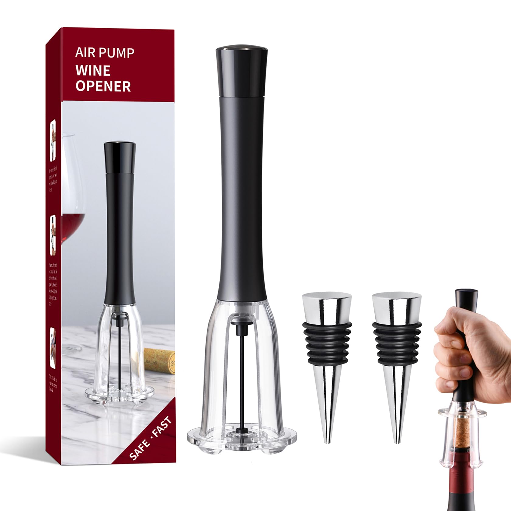Cavatappi Vino Pressione Aria con 2 Tappi Bottiglie Riutilizzabili, Apribottiglie a Pompa Rapido e Facile da Usare, Professionale Accessori Vino per Casa, Raduni e Regalo