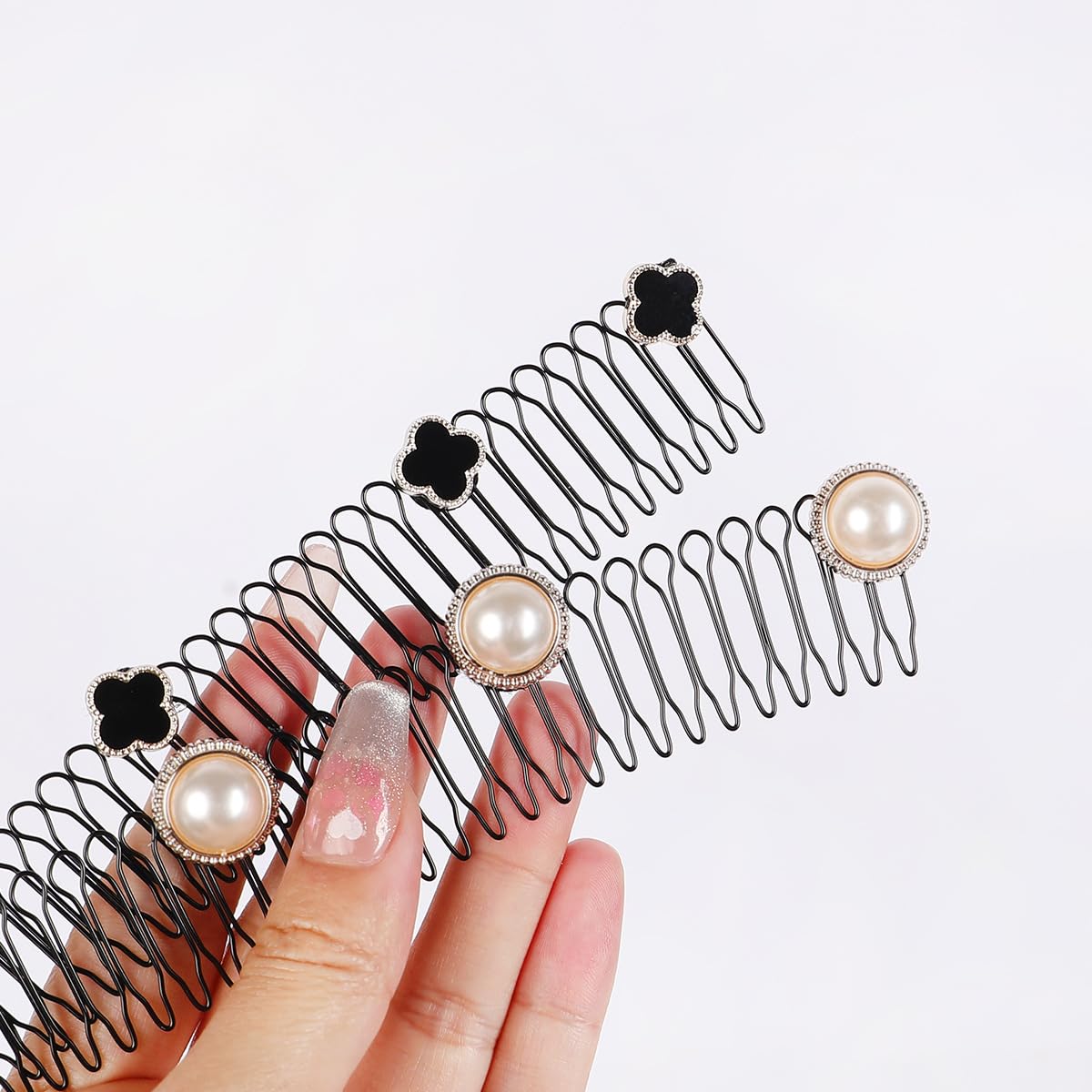 ORYNTH Single Floral Decorative Hair Comb, Black Spring Clip with White Pearl Flower Accent, Elegant and Functional Hairpin for Updos, Weddings, Birthdays, and Daily Fashion, 2 Pcs - Multi.