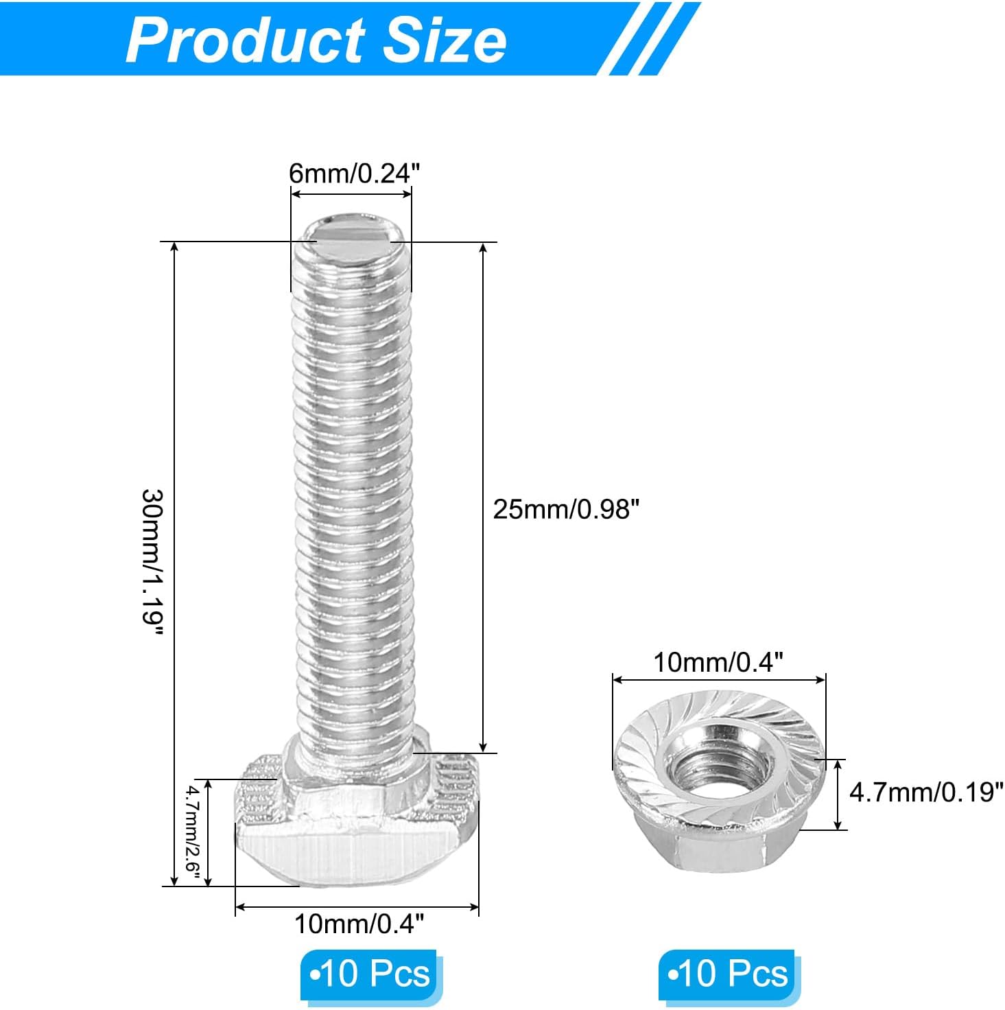 PATIKIL M5x25 Hammer Head Bolt T Screw, 10 Pcs T Slot Drop in Bolt Hammer Head Bolts with 10 Pcs Hexagon Flange Nuts for 2020 Series European Standard Aluminum Profile