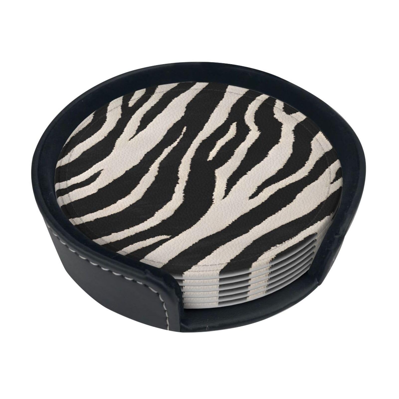 Ykclkshka White Zebra Animal Round Leather Coasters (6 Pieces) - Drink Coaster Set For Desk, Modern Easy To Clean Home Office & Farmhouse Coasters