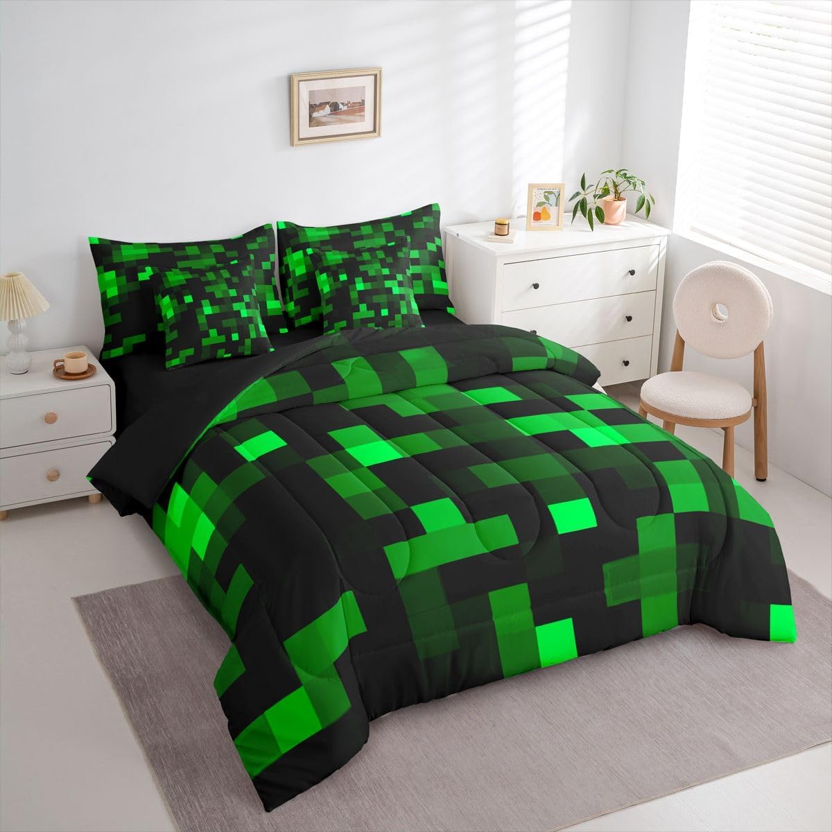 jejeloiu Pixelated Neon Green Black Queen Size Comforter Set with Sheets，Pillowcases & Cushion Cover 7 Piece Bedding Set Super Soft Kids Girls Boys Bedroom Decor Gamepad Grid Bed in a Bag