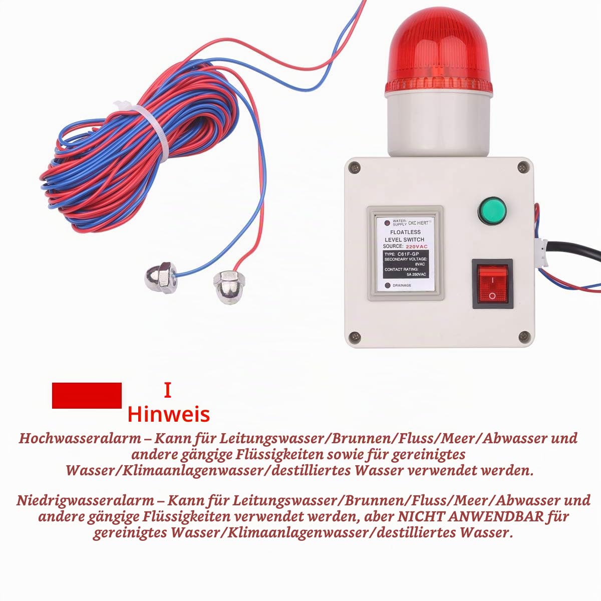 Wasserstandsanzeigealarm Wasserstandalarmsensor Wasserleitungsanzeigealarm Alarm für niedrigen und hohen Wasserstandsensor mit Lautstärkeregler des Schalldämpfers