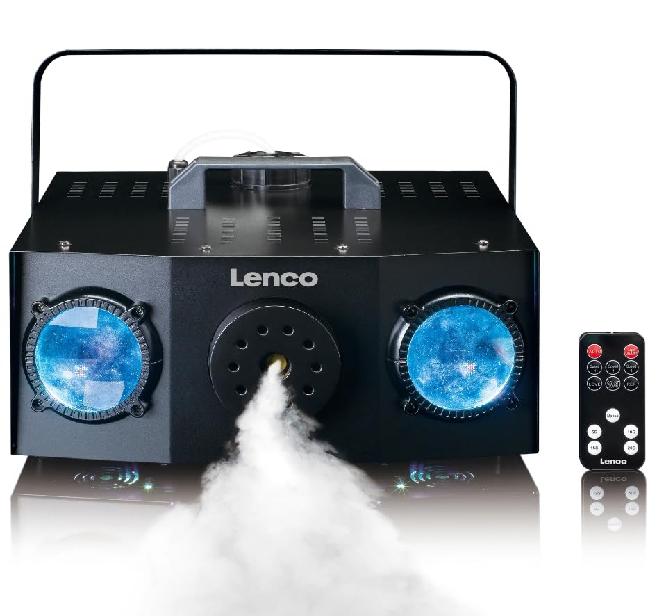 Lenco LFM 220BK   Luces LED RGB para fiesta (doble matriz, con máquina de niebla, programas de espectáculo de luz integrados, capacidad de 1 litro para líquido de niebla, temporizador de niebla),
