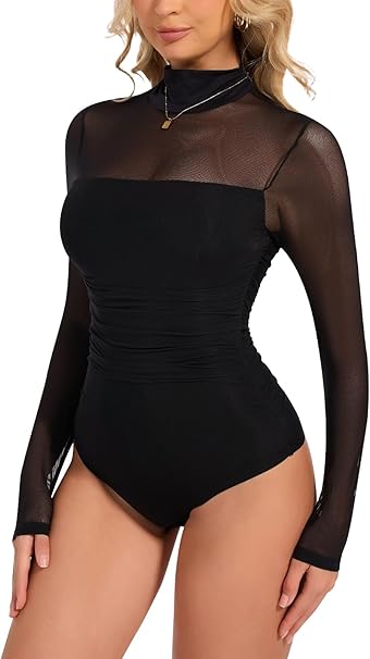 Joyshaper Body Manches Longues Femme Elégant String à Col Haut Minceur Combinaison Jumpsuit Automne Hiver, Blanc, S
