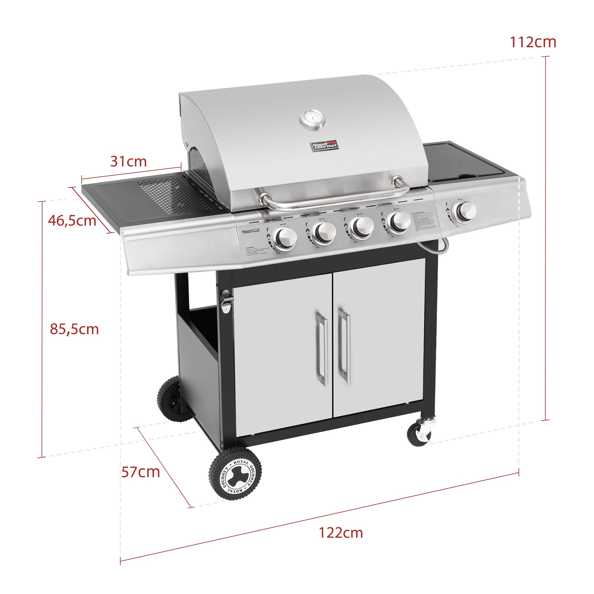 Royal Gourmet 4+1 Brenner Gasgrill Grillwagen mit automatischer Zündung,integriertem Thermometer und Unterschrank Edelstahl Brenner mit 14,5 kW Camping Gasgrill für Outdoor Barbecue Silber