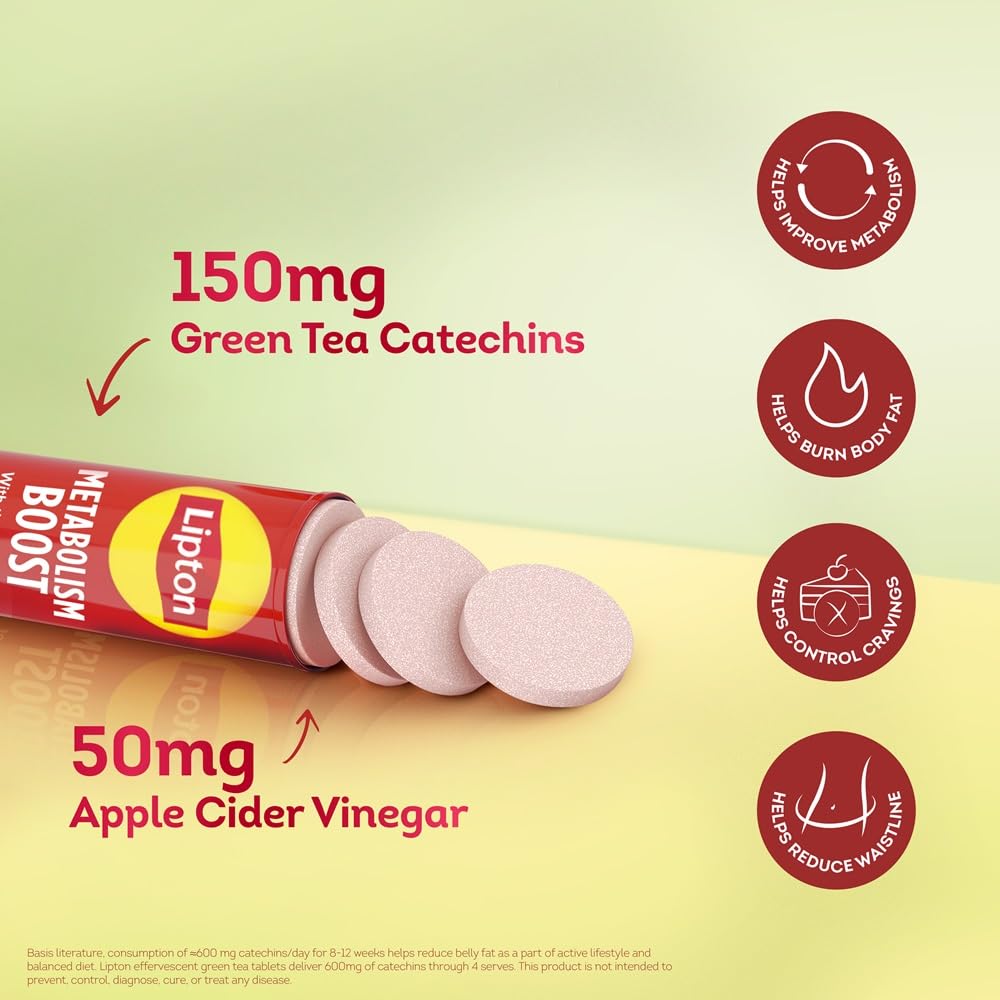 Lipton Metabolism Boost with 150mg Green Tea Catechins and 50mg ACV (Apple Cider Vinegar) | For Weight Loss & Fat Burn | Zero Calories | 16N Effervescent Tablets | Watermelon Flavour 2