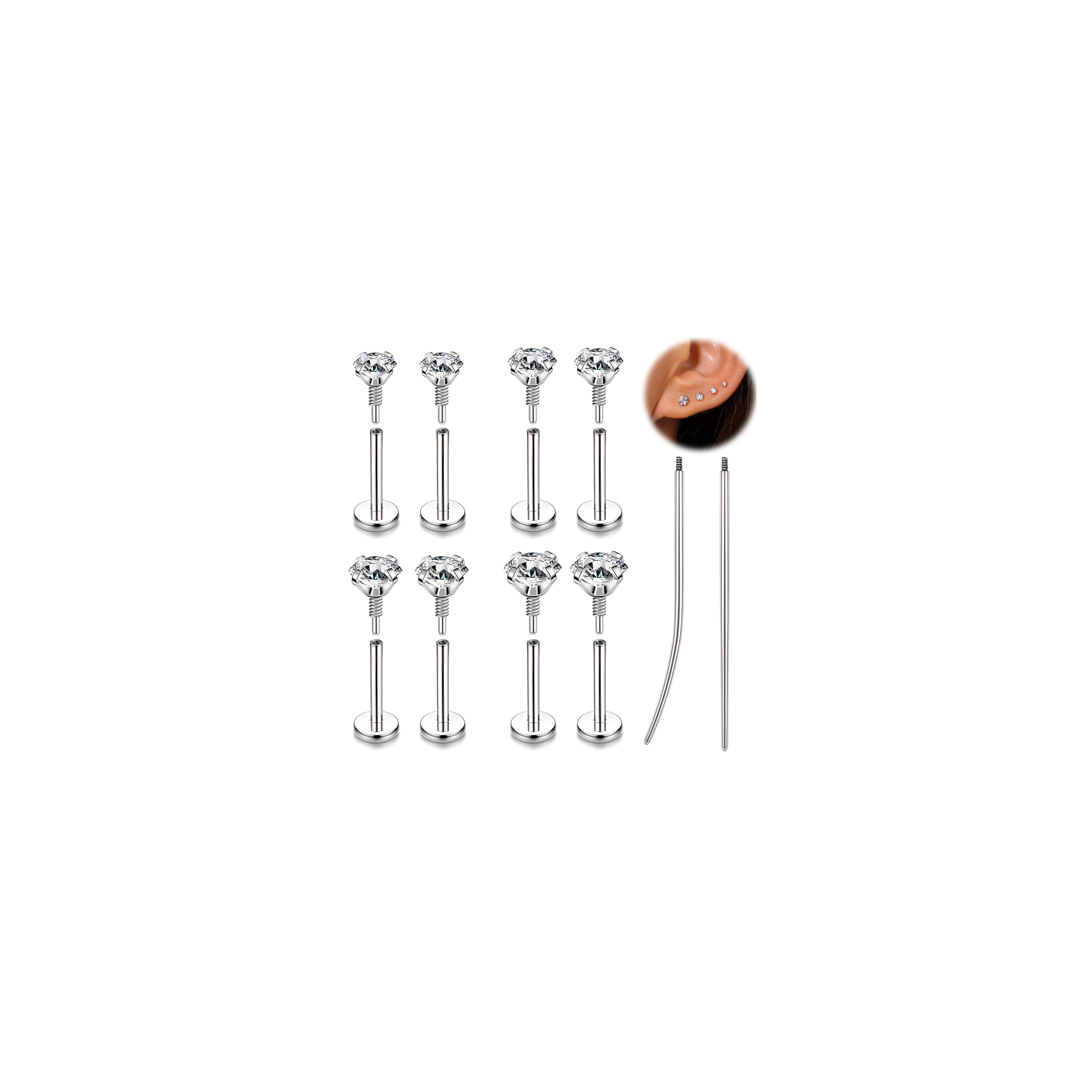 BodyAce 16G 18G Tragus Piercing Labret Medusa Jewelry, Long Internally Threaded Nose Stud Flat Back Earrings, Surgical Steel CZ Monroe Lip Rings