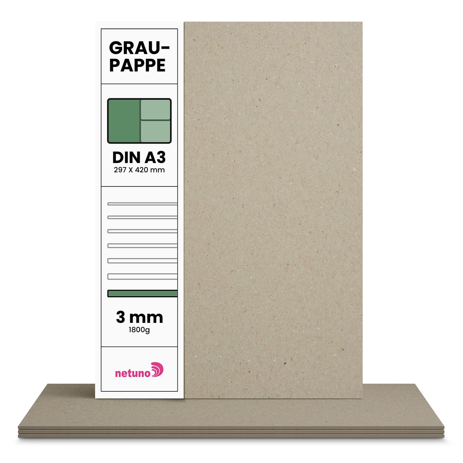 Netuno 100x Graupappe DIN A3 29,7 x 42 cm 1800g Graukarton 3,0 mm Buchbinderpappe Buchbinderarbeiten Kalendergestaltung graue Pappe Buchbinderkarton