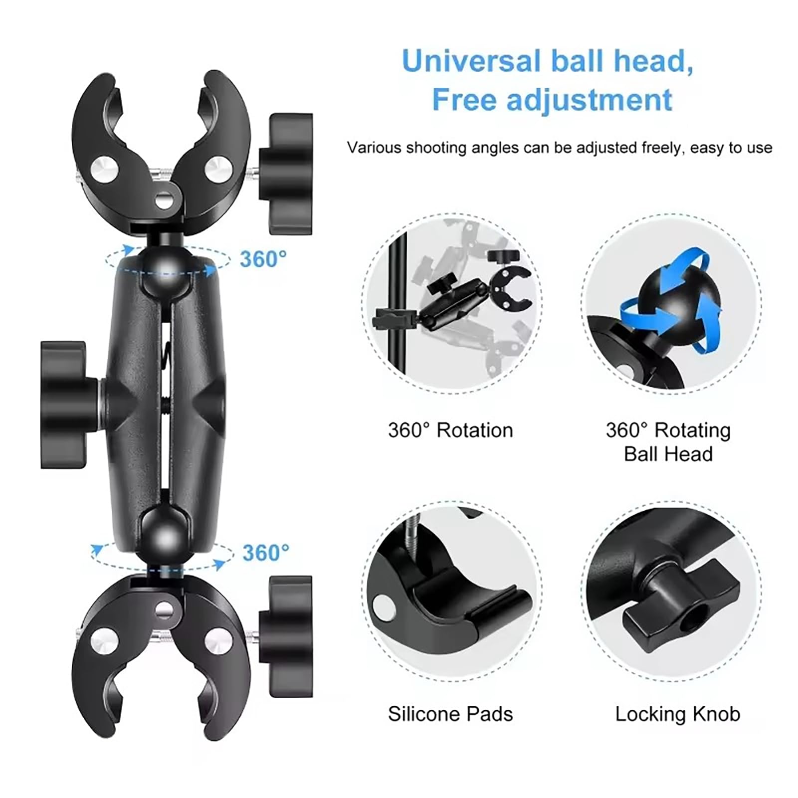 NEWFUN Uchwyt do kamery, akcesoria do insta360 x4, zestaw motocyklowy do insta360 x4, X3, X2 obrót o 360 stopni, podwójny zacisk, uchwyt motocyklowy, kompatybilny z wieloma urządzeniami