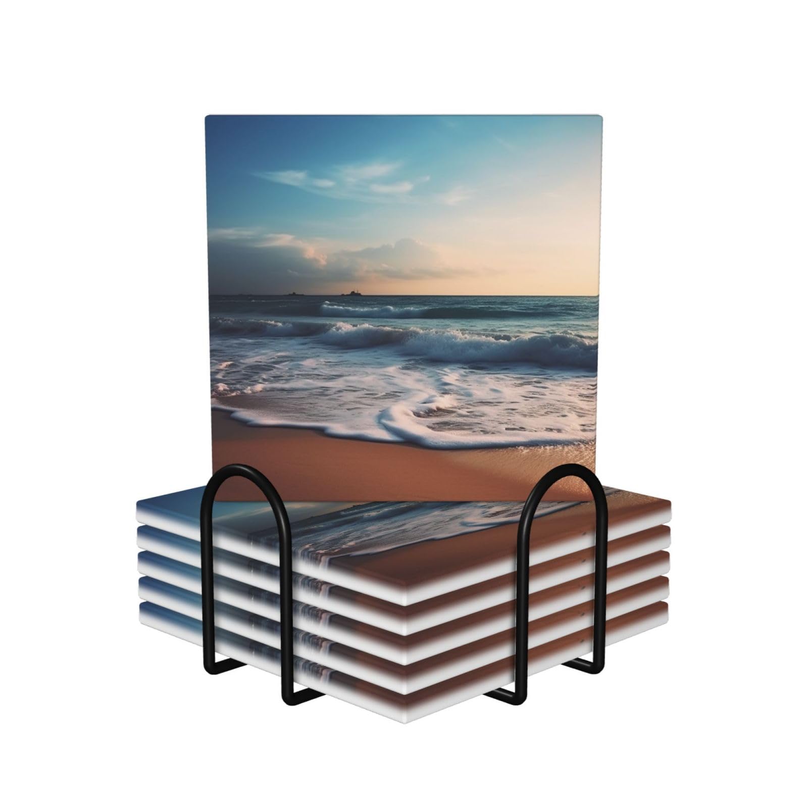 Beach in Sunset Time Print Coasters for Drinks Set of 6 with Holder Cork Base Cup Coaster Absorbent Ceramic Cup Mat for Home Dining Room Decor