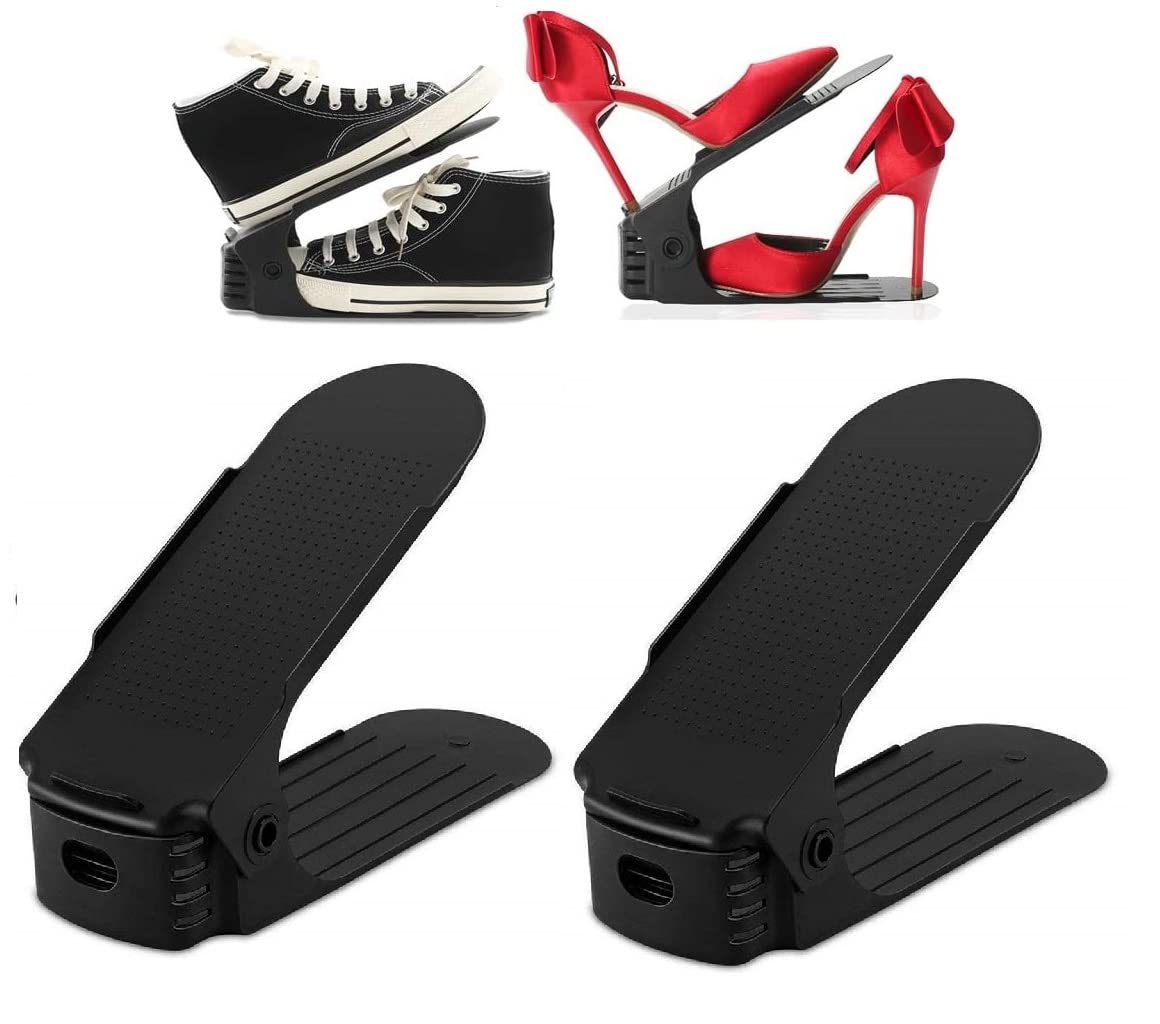 NYALKARAN Plastic Shoe Slots Organizer Space Saver Double Deck Shoe Rack Adjustable Shoe Slots for Closet Organization (Black, Pack of 2)