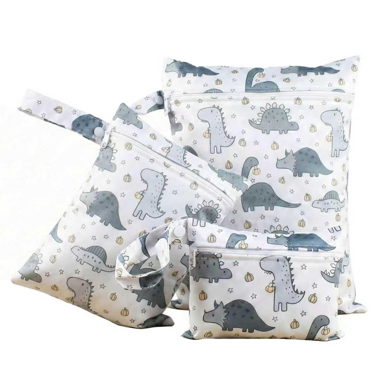 ElvenJoy 3 Pcs Wet Bags for Swimming, Dinosaur Pattern Nappy Cloth Nappy Bags, Waterproof Washable Bag with Zip for Baby Diapers Nappy Daycare Travel Beach Pool Gym