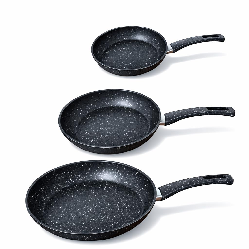 Roland 3-teiliges Pfannenset – Induktionsgeeignet – Antihaftbeschichtung, Camping Küche Granit-Optik – Bratpfannen Set 20/24/28 cm – Spülmaschinenfest & kratzfest