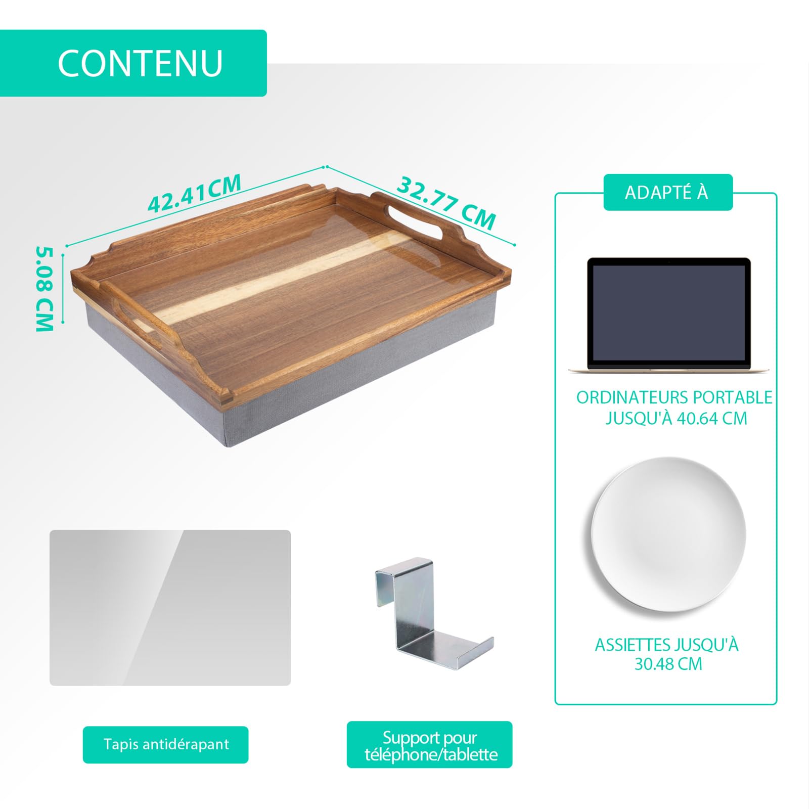 DRELIFAM Plateau Repas lit avec Coussin de Service Bois Petit Dejeuner