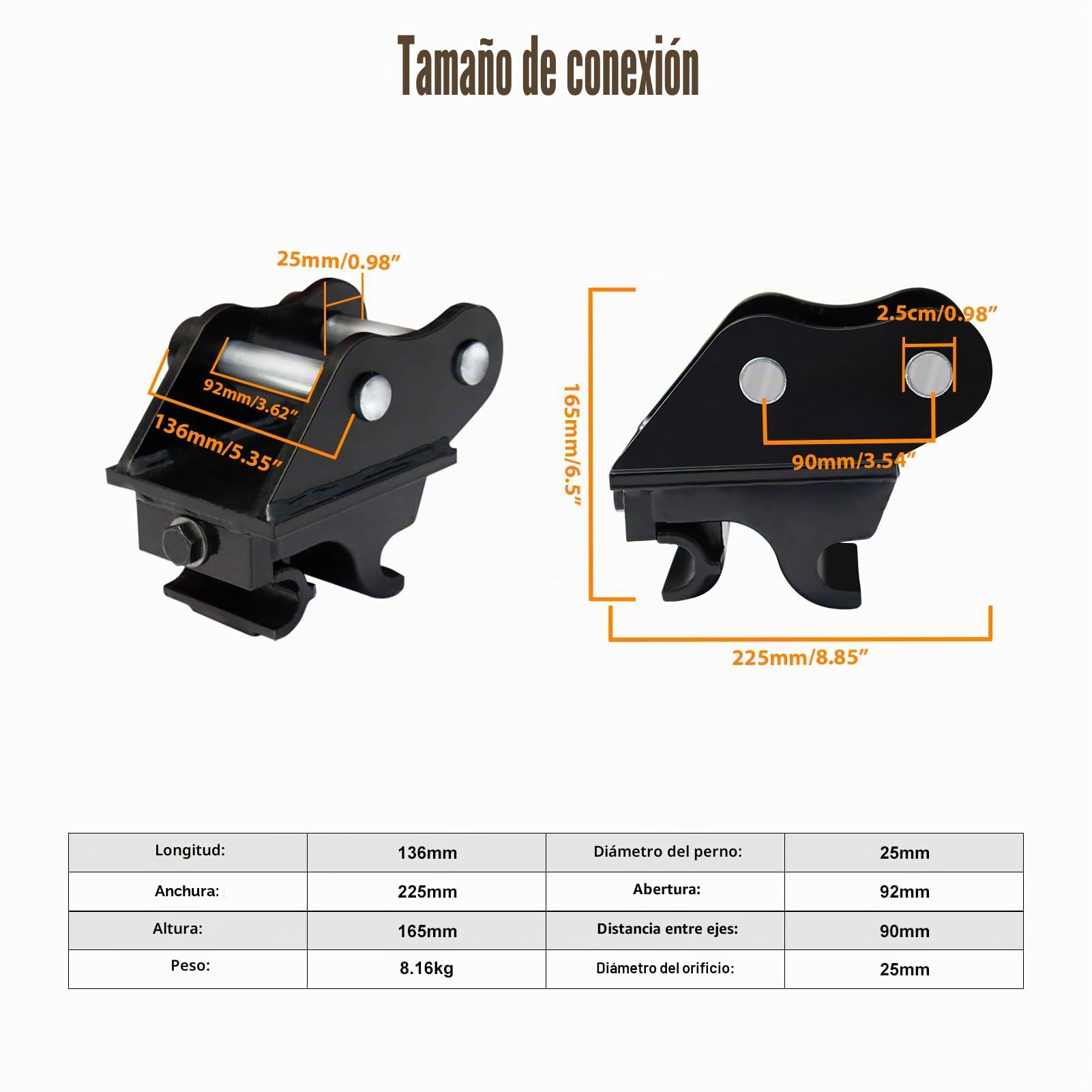 Enganche rápido mecánico para mini excavadora 0,8–1,8 t, Ø25 mm | Ancho 93 mm, entrecentros 85 mm, acero al manganeso antidesgaste, para cazo/rastrillo/escarificador, tolerancia 1–3 mm