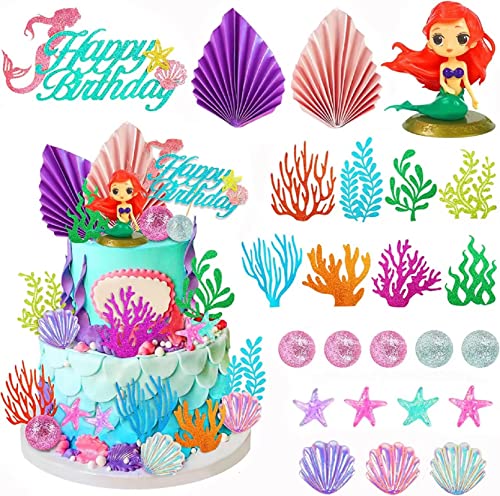 QXNDXQ 24 Decoraciones para Tartas de Sirena, Decoración para Tartas con Modelo Ariel, Hojas de Palma, Animales Marinos y Bolas, Decoración para Fiesta de Cumpleaños, Bautizo
